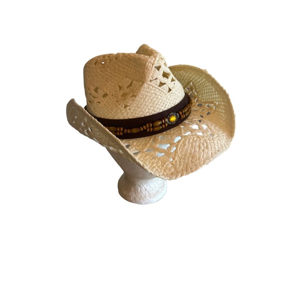 Cowboy Cowgirl Molded Wood Bead Detail Western Hat One Size